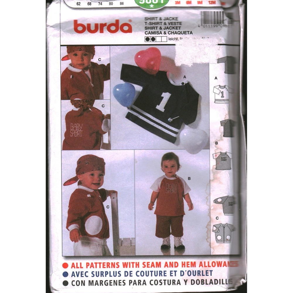 Burda 9881 Baby Shirt and Jacket Sewing Pattern Sizes 3M-18M Sporty Infant DIY